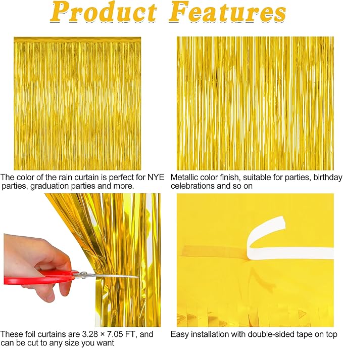 2 Pack Gold Tinsel Backdrop, 3.28 FT x 7.05 FT Metallic Fringe Curtain, Gold Color Graduation Backdrop Party Streamers, Party Supplies Door Decorations for Birthday Anniversaries