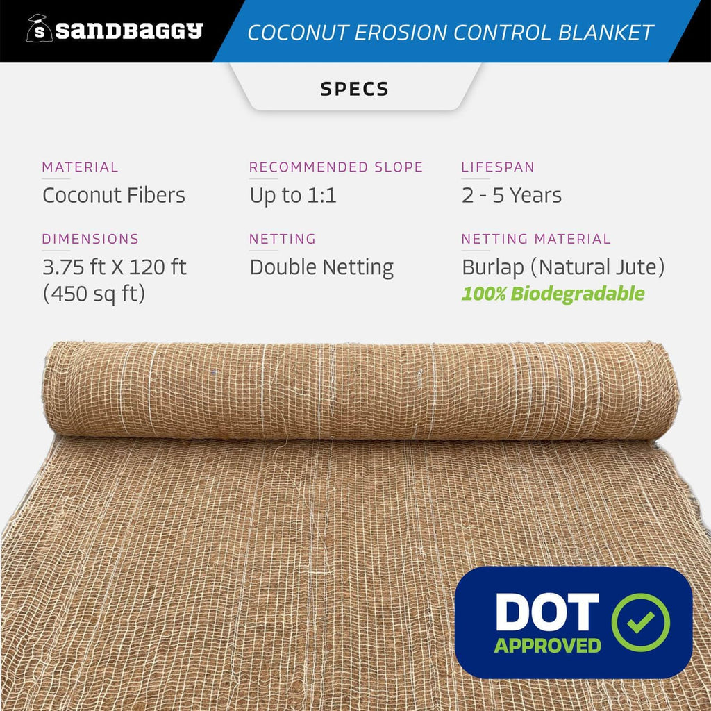 Sandbaggy Coconut Erosion Control Blanket – 3.75 ft x 120 ft Coir Mat for Soil Retention, Slope Stabilization, Plant Growth & Ground Cover–Ideal for Hillsides & DOT Projects - 50 Rolls (22,500 sq ft)
