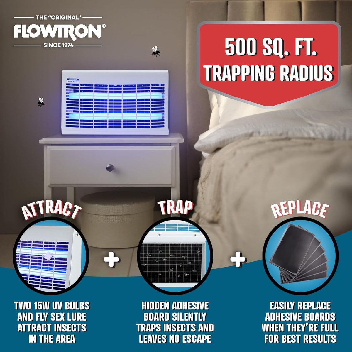 Flowtron Portable Indoor Fly Trap| Electric Insect Killer for Flies & Gnats with Dual Lure Method 30W UV Light & Pheromone Attractant | Sticky Strips, 500 Sq Ft for House & Restaurants