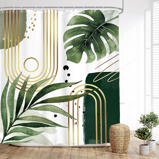 Glawry Green Gold Boho Mid Century Shower Curtain Abstract Tropical Plant Minimalist Modern Geometric Palm Leaf Arch Bathroom Simple 60Wx72L Inches Bath Accessories Art Home Decor Fabric 12 Pack Hooks