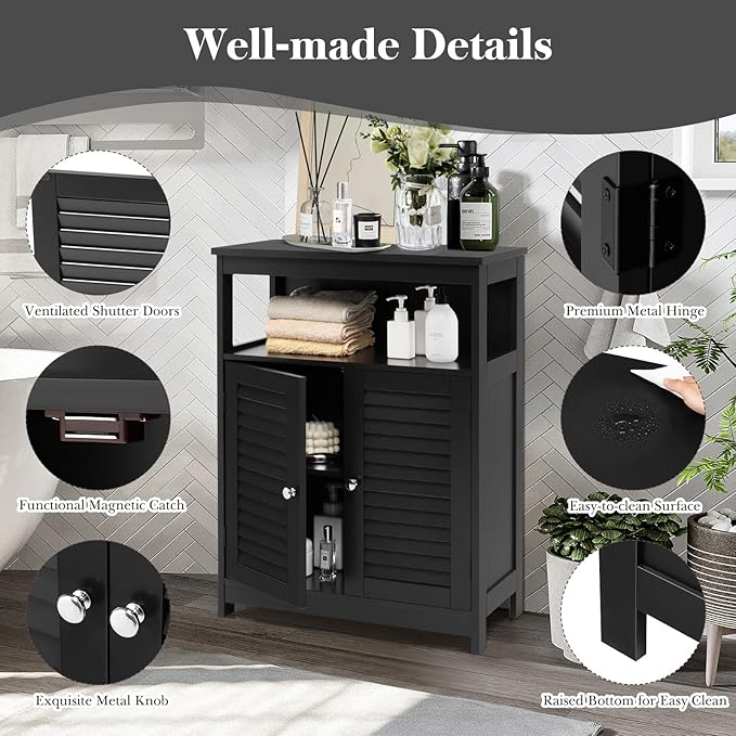 GLACER Bathroom Floor Cabinet, Wooden Storage Cabinet with Double Shutter Doors & 3-Position Adjustable Shelf, Side Storage Organizer, 23.5 x 12 x 31.5 inches (Black)