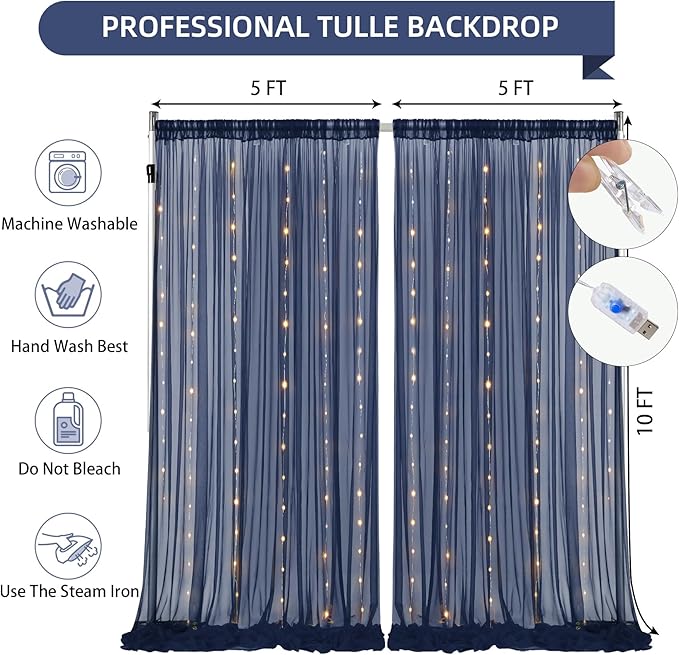 10×10ft Navy Blue Tulle Backdrop Curtain with Lights String for Parties, Sheer Photo Backdrop Curtains for Wedding Party Photography Background