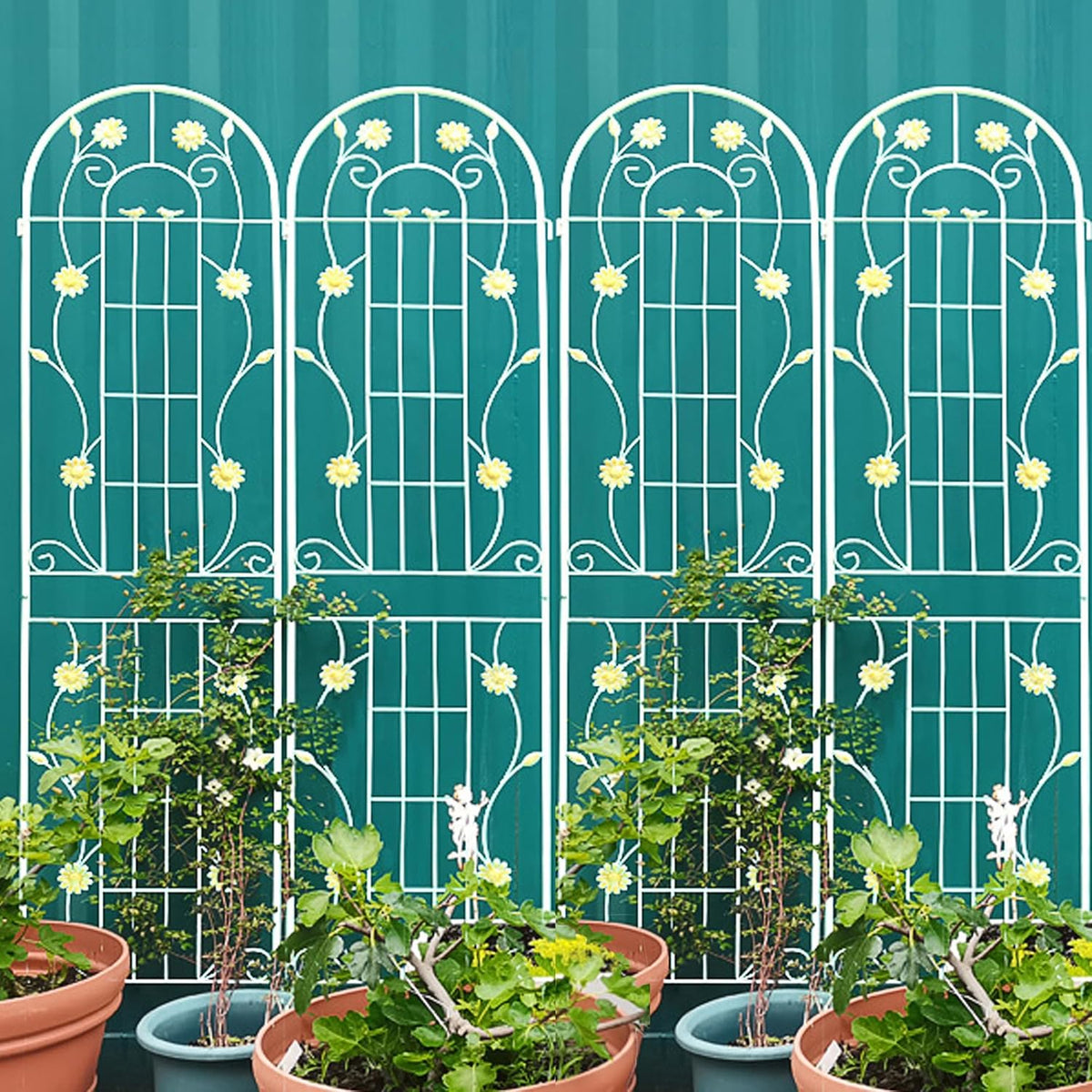 4 Pack Metal Garden Trellis 86.7" H Garden Fence Rustproof Trellis Cream White for Climbing Plants Support Roses Flower Cucumber Outdoor Lawn, White