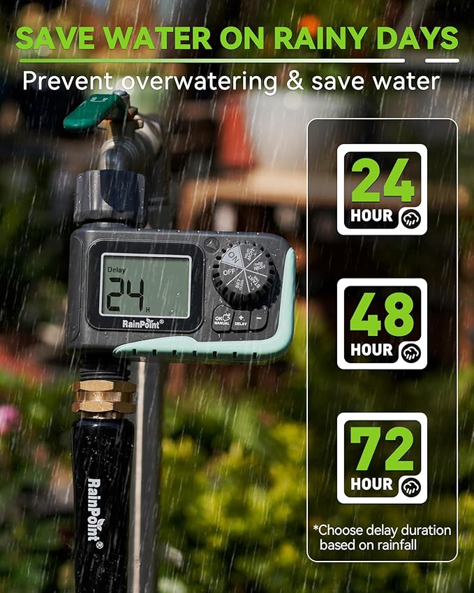 RAINPOINT Sprinkler Timer, Programmable Water Timer for Garden Hose, Outdoor Soaker Hose Timed with Rain Delay/Manual/Automatic Watering System, Digital Irrigation for Yard, Lawn, 1 Outlet