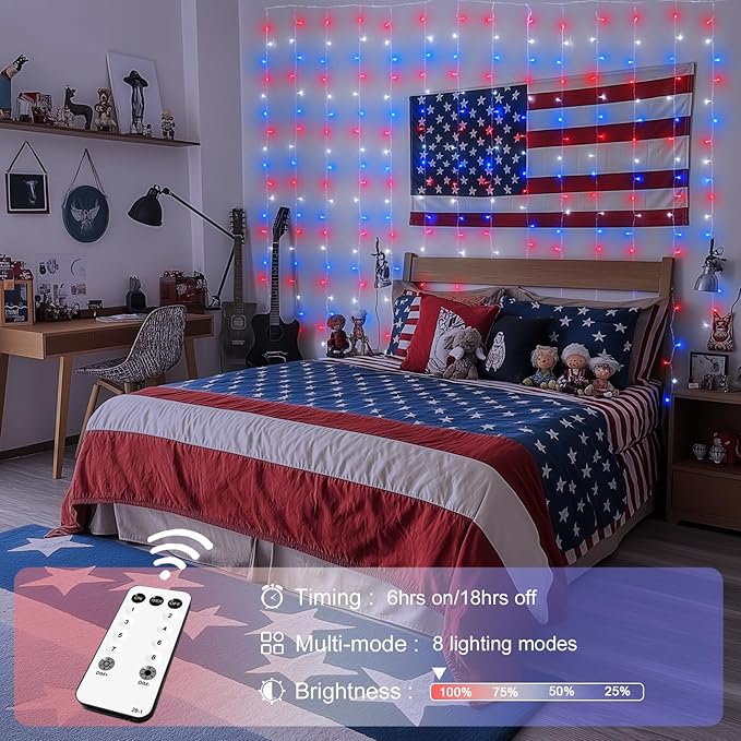 JMEXSUSS 300LED Red White and Blue Lights with Remote, 4th of July Lights Plug in, Patriots Curtain Hanging String Lights for Bedroom Wall Window Backdrop Indoor Outdoor 4th of July Decor, 9.8x9.8ft