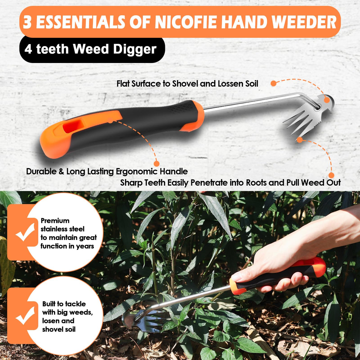 Nicofie 2026 Hand Weeder Tool, Rubber Handle Manual Weeder Puller Tool, Uprooting Weeding Tools, Crack Weeder Crevice, 4 Teeth Weeding Tool, Weeding Artifact Tool for Gardening(3 Pcs)