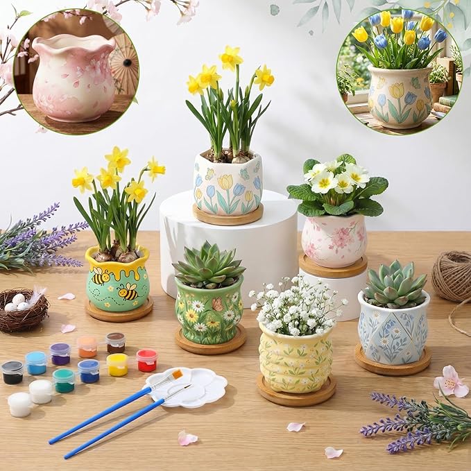 Leitee Flower Pots 3 Inch Paint Your Own Ceramic Pot Craft Kit Ready-to-Paint Small Succulent Pots Bulk with Drainage Hole Paint Set Mini Paintable Plant Vase for Spring Birthday DIY Gift(30pcs)