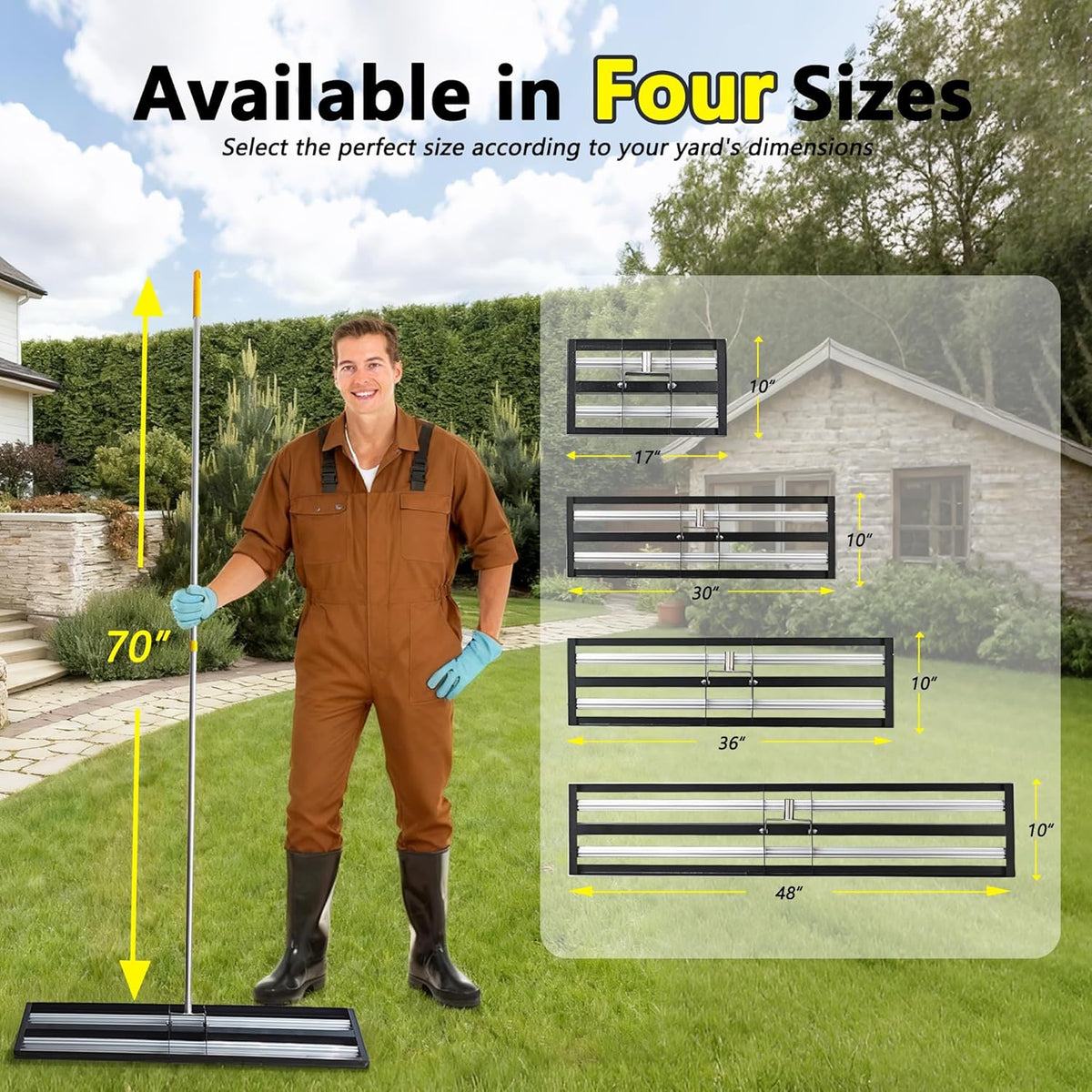 48"x10"Lawn Leveling Rake with Aluminum Rollers, Stainless Steel Yard Lawn Leveler Tool with Adjustable Long Handle, Yard Leveling Rake Suit, Levelawn Tool for Soil, Grass, Golf Course, Garden, Farm