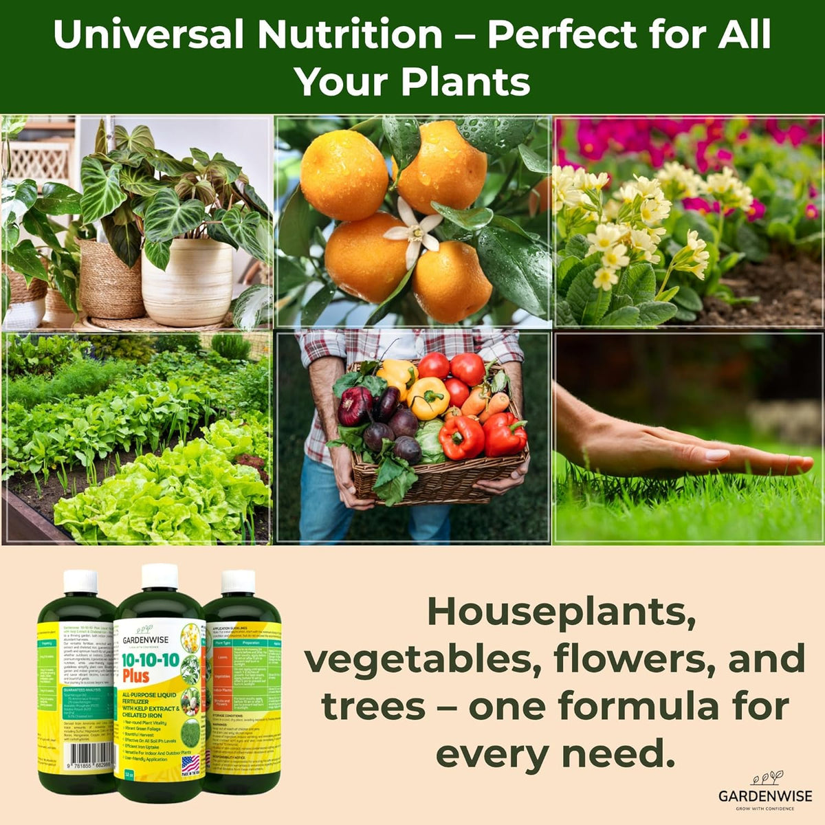 10-10-10 All Purpose Plant Food - Liquid Fertilizer with Seaweed Kelp & Iron - Indoor & Outdoor Plant Food, Vegetables, Flowers, Lawn & Garden 1x8oz