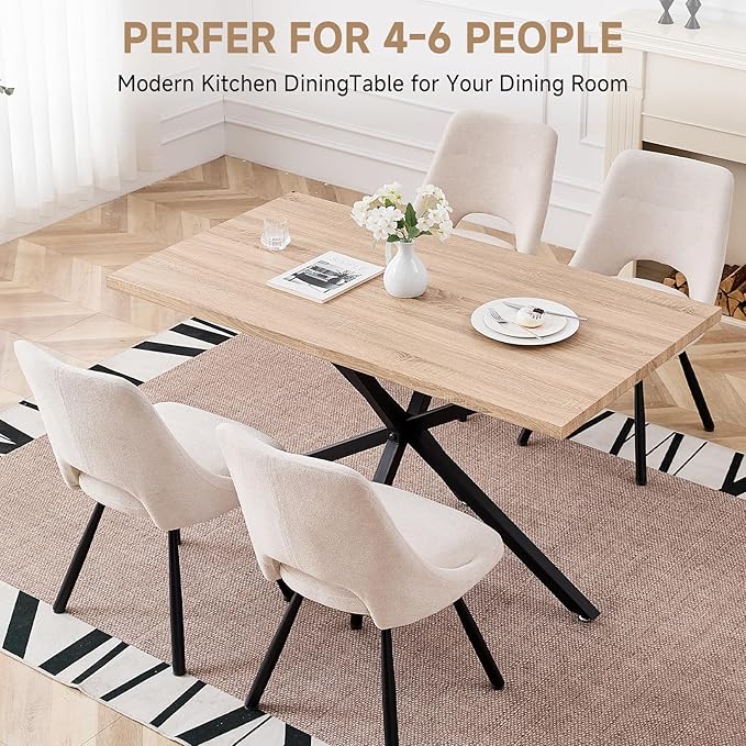 55.1 Inch Dining Table for 4 6 People Rectangular Wooden Kitchen Tables Mid Century Modern Dinner Table Long Dinning Room Table with Metal Cross Legs for Kitchen Living Room Comedor(Natural)