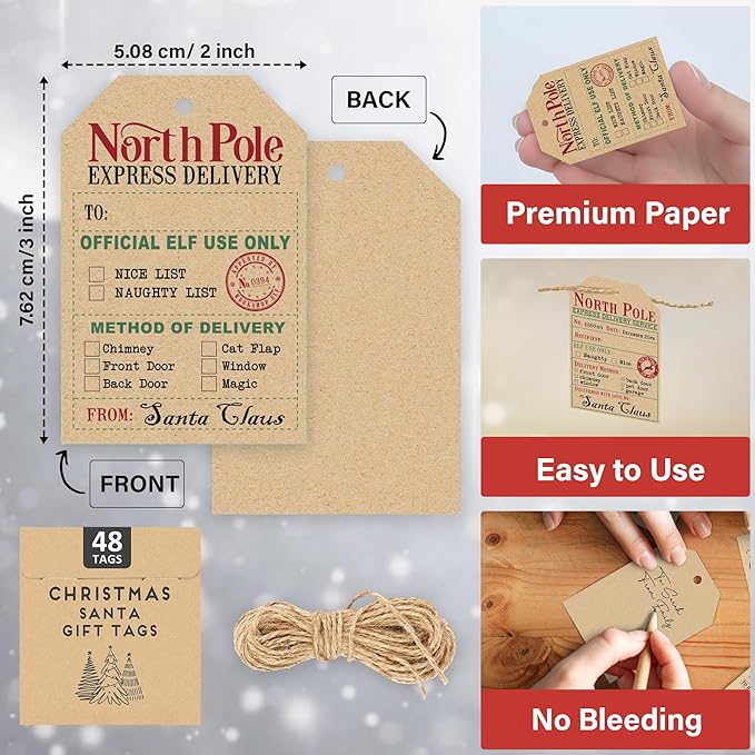 from Santa Christmas Gift Tags, 48 Kraft Labels with String (2x3”), 4 Vintage Santa Tags, Rustic Holiday Name Labels for Presents