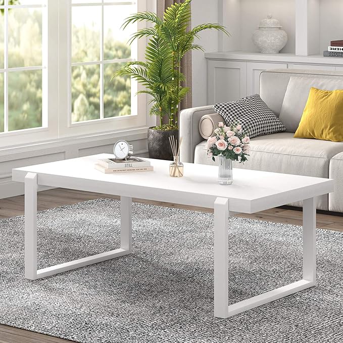 EXCEFUR Small Coffee Table, Modern Minimalist Wood and Metal Center Table for Living Room, Rustic Cocktail Tea Table for Office, White Oak, 44 Inch