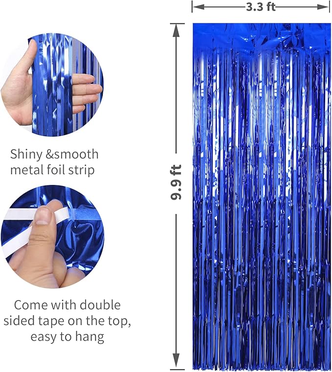 Crosize 2 Pack 3.3 x 9.9 ft Dark Blue Foil Fringe Curtains Party Decorations, Blue Tinsel Curtain Backdrop for Parties, Door Streamers, Glitter Streamer Fringe Backdrop for Birthday Decoration