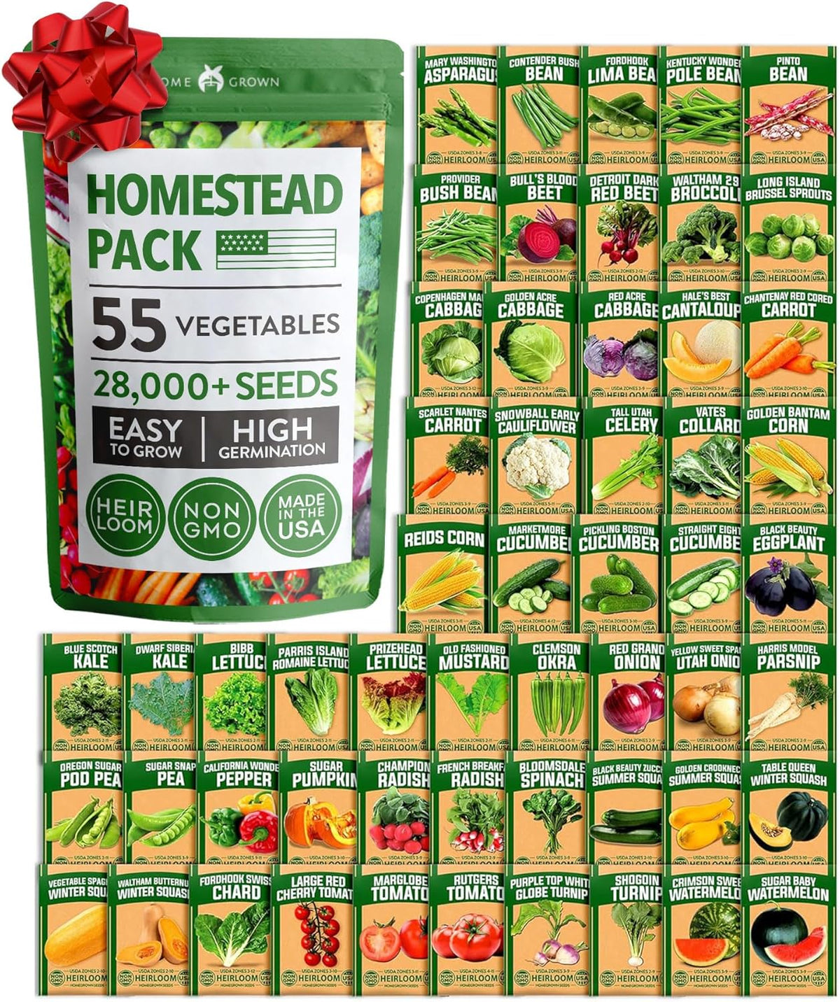 HOME GROWN 𝗨𝗦𝗔 𝗣𝗥𝗘𝗠𝗜𝗨𝗠 55 Vegetable Seeds Pack 28,000+ Non-GMO Heirloom Seeds for Planting Vegetables, Survival Seed Vault, Garden Kit for Spring Fall Winter, Gift for Gardeners