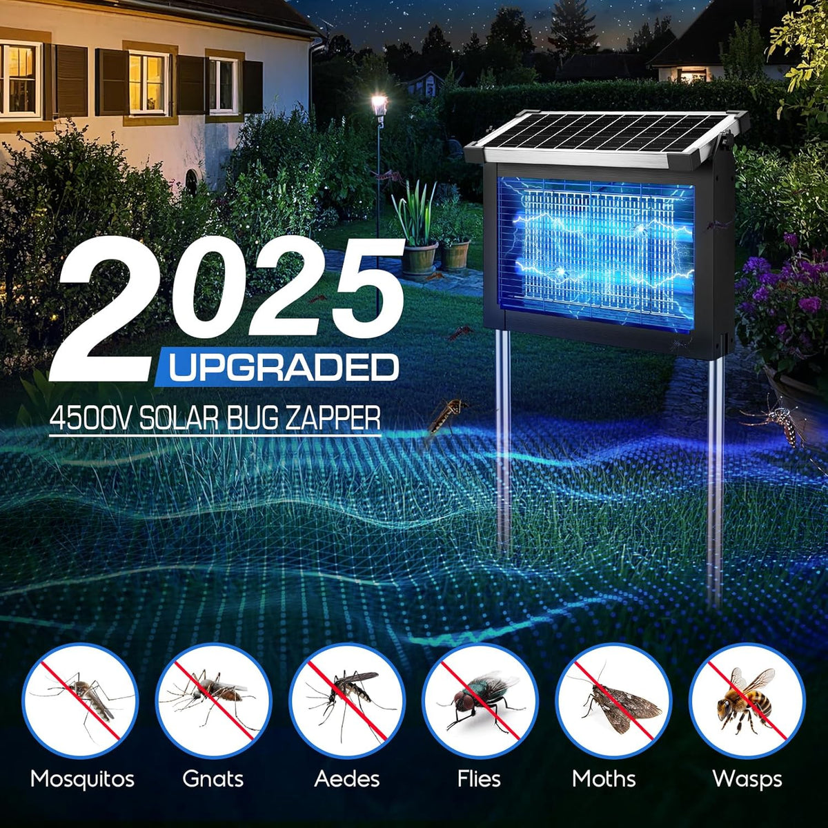 Solar Bug Zapper Outdoor Waterproof, Jepwe 4500V Cordless Bug Zapper Outdoor Large, Rechargeable Mosquito Killer & Fly Zapper, Solar Powered Insect Trap for Garden, Patio, Backyard, Indoor Use
