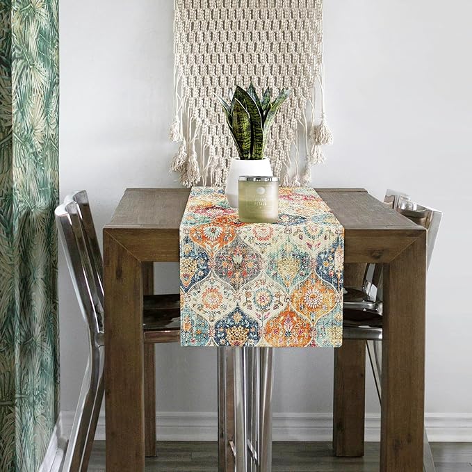 Snycler Table Runner Boho Table Runners Vintage Elegant Farmhouse Table Center Linen Decor for Home Dining Party Entrance (13x108 Inch) Boho-Yellow