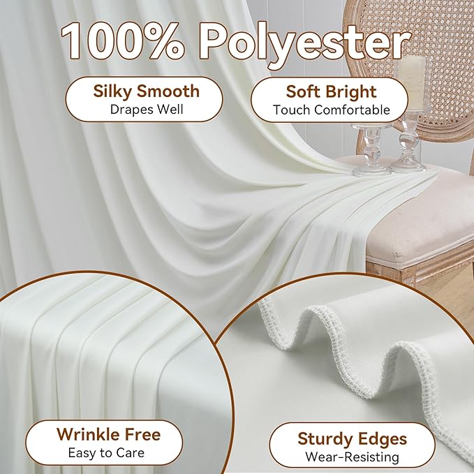 10ft x 15ft Ivory Wrinkle Free Backdrop Curtains for Parties,Silky Polyester Fabric Wedding Ceiling Drapes, 2 Panels 15ft Photo Back Drop Drapes for Baby Shower Photography Stage Background Cloth