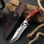 10.24" M390 Knives Hunting Knife Fixed Blade with Leather Sheath, Bushcraft Full Tang Knife Non-slip Red Coloured Wooden Handle
