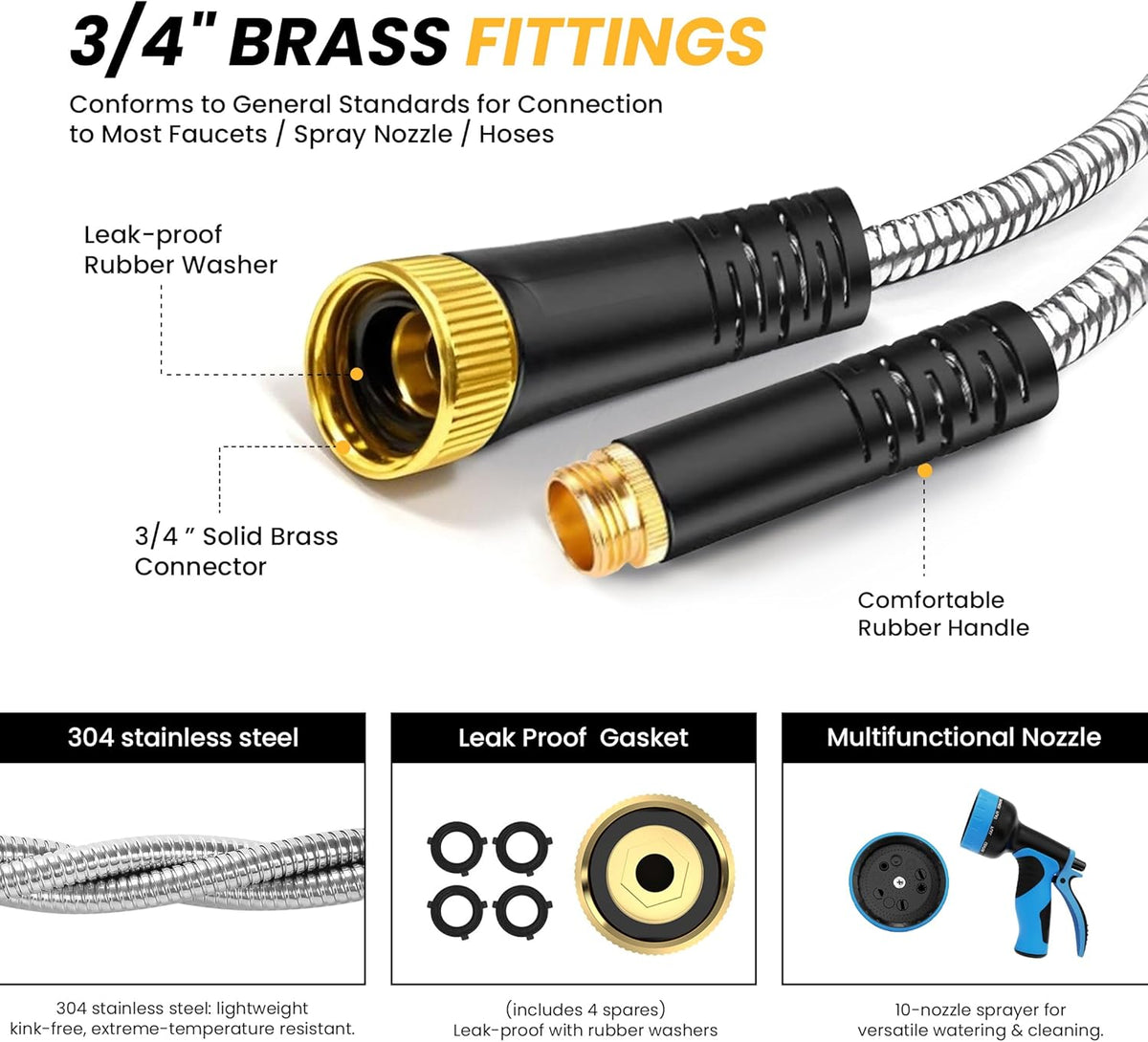 Lefree Garden Hose 75ft, Metal Garden Hose, Stainless Steel Hose with 10-Function Nozzle, Flexible Water Hose, Heavy Duty, Crush Resistant, Leak Proof, No Kinks Garden Hoses for Yard, Outdoors, Rv