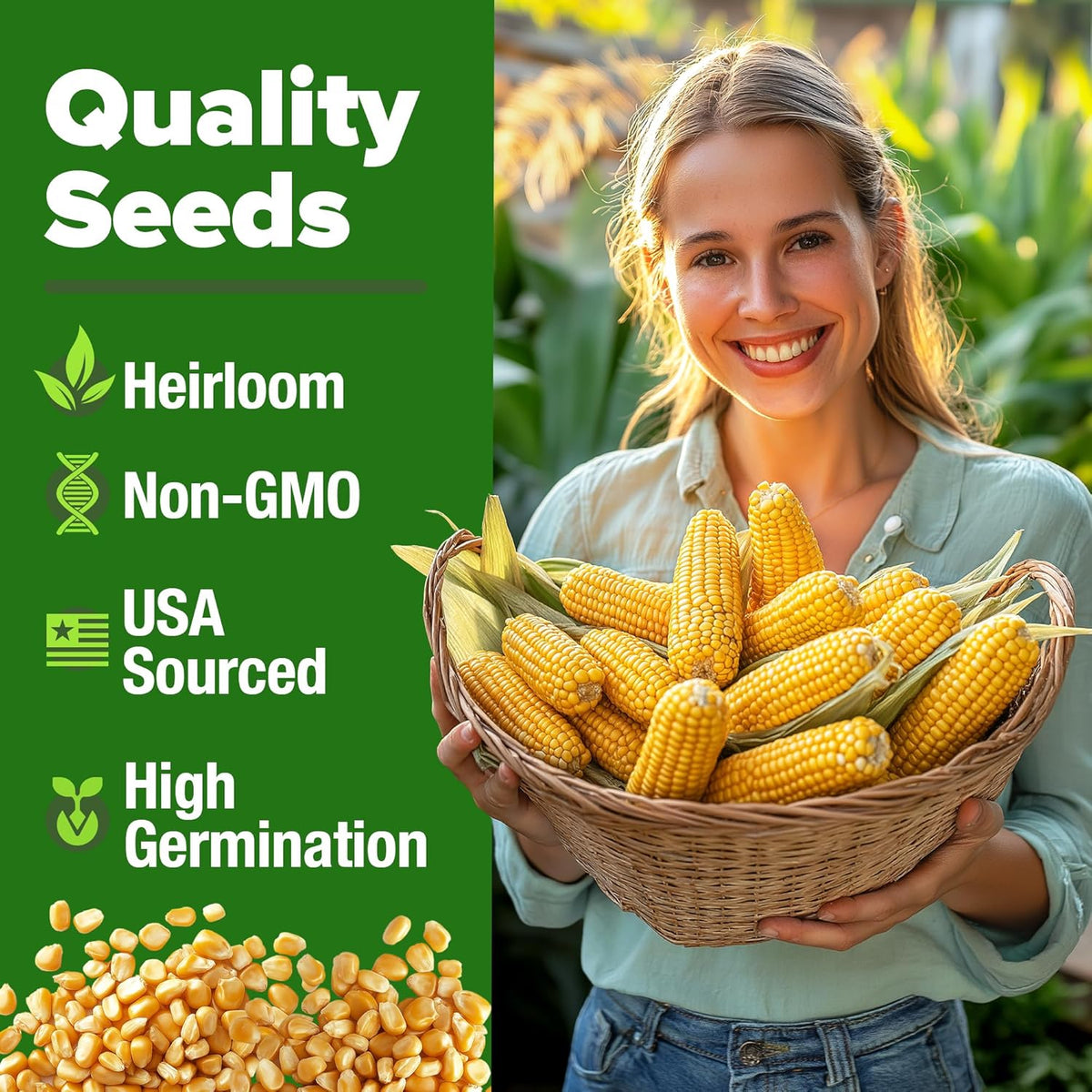 HOME GROWN 𝗨𝗦𝗔 𝗣𝗥𝗘𝗠𝗜𝗨𝗠 Golden Bantam Corn 1 Pack 100 𝗡𝗢𝗡-𝗚𝗠𝗢 Heirloom Vegetable Seeds Grow Sweet Corn Outdoors Easy for Beginners & Great for Home Gardeners High Germination (Zea mays)