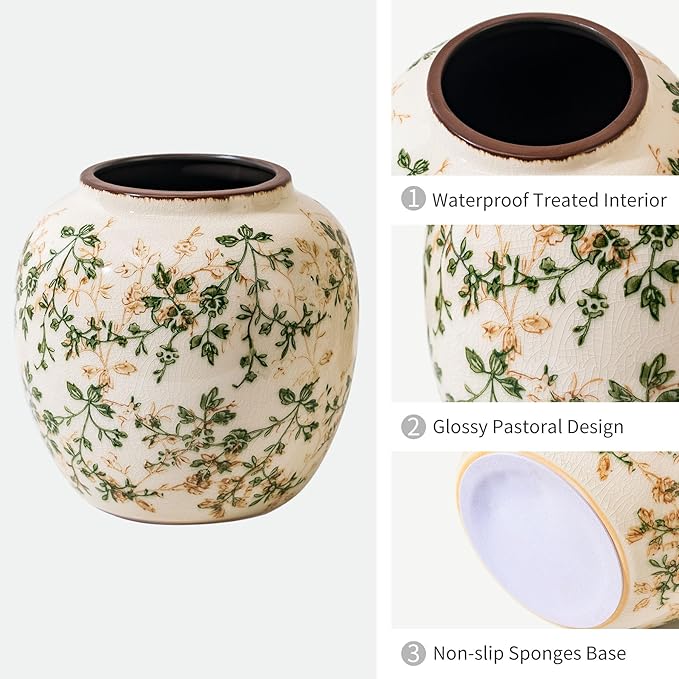 Vintage Green and Beige Round Pastoral Vase, Round Ceramic Floral Vases, Retro Ice Cracked Chinoiserie Vase for Home Decor, Living Room, Bookshelf, Office, Rustic Table Centerpiece 6.7 Inch