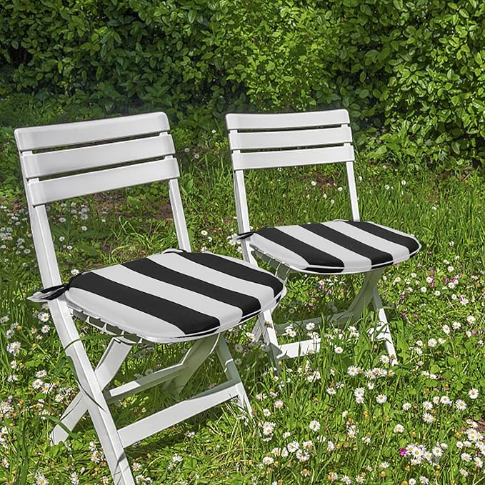 SleepMan Outdoor 17"x16" Chair Cushions with Ties Set of 6, Water Resistant All Weather U-Shape Seat Pads for Patio Garden Furniture Indoor Fade Resistant Patio Cushions (Black Stripe)
