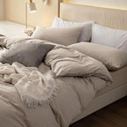 JIYUAN 100% Washed Cotton Duvet Cover Set 3 Pieces Full, 1 Duvet Cover 80x90 Inches (Comforter Not Included) and 2 Pillowcases,Linen Feel Bedding Set Comfy and Breathable, Heathered Tannish Linen Grey