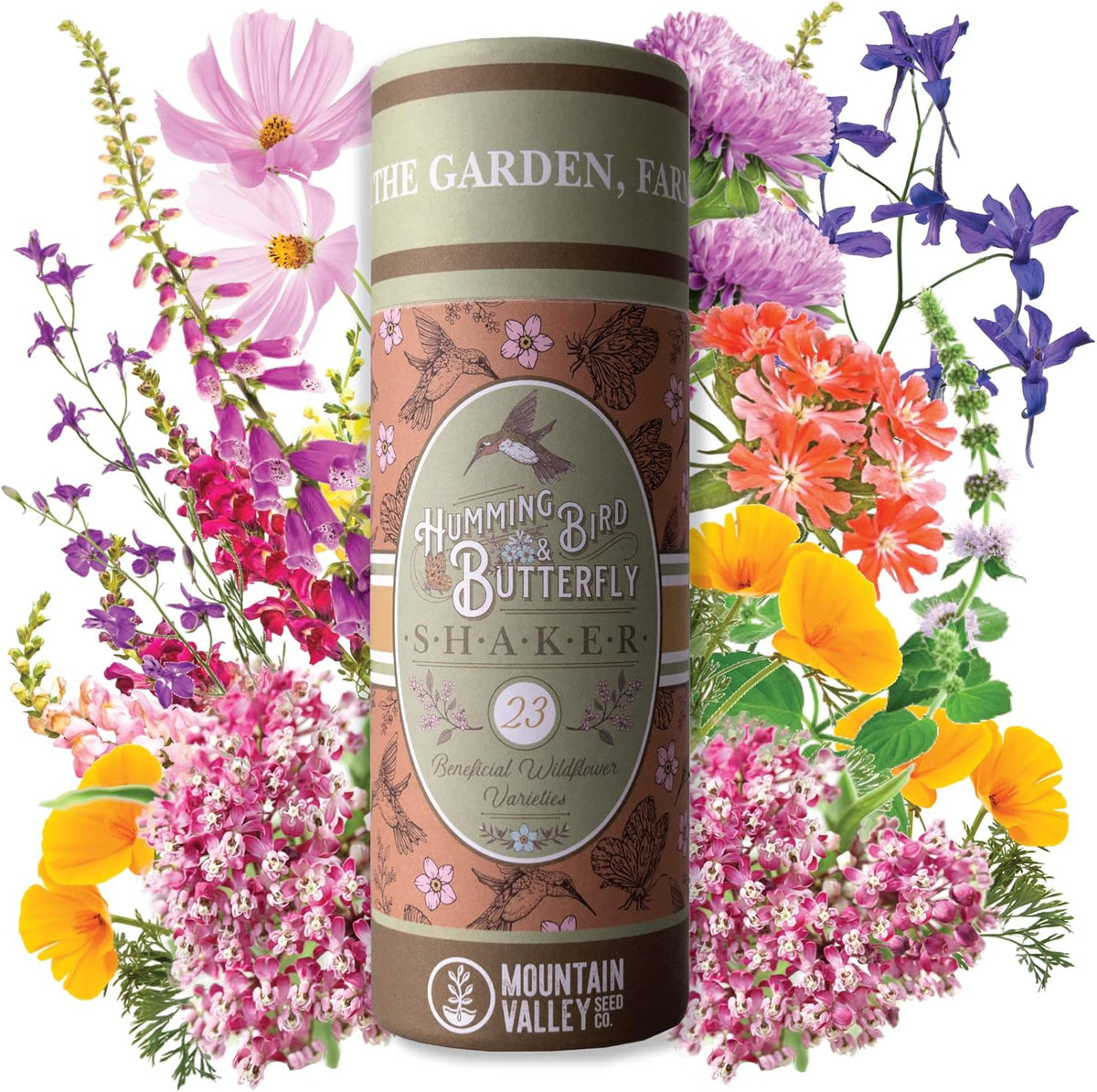 Wildflower Seeds Shaker - Hummingbird and Butterfly Mix - 100,000+ Wild Flower Seeds - in Beautiful Easy to Sow Seed Shaker - Attract Pollinators with These 23 Pure Non-GMO Varieties