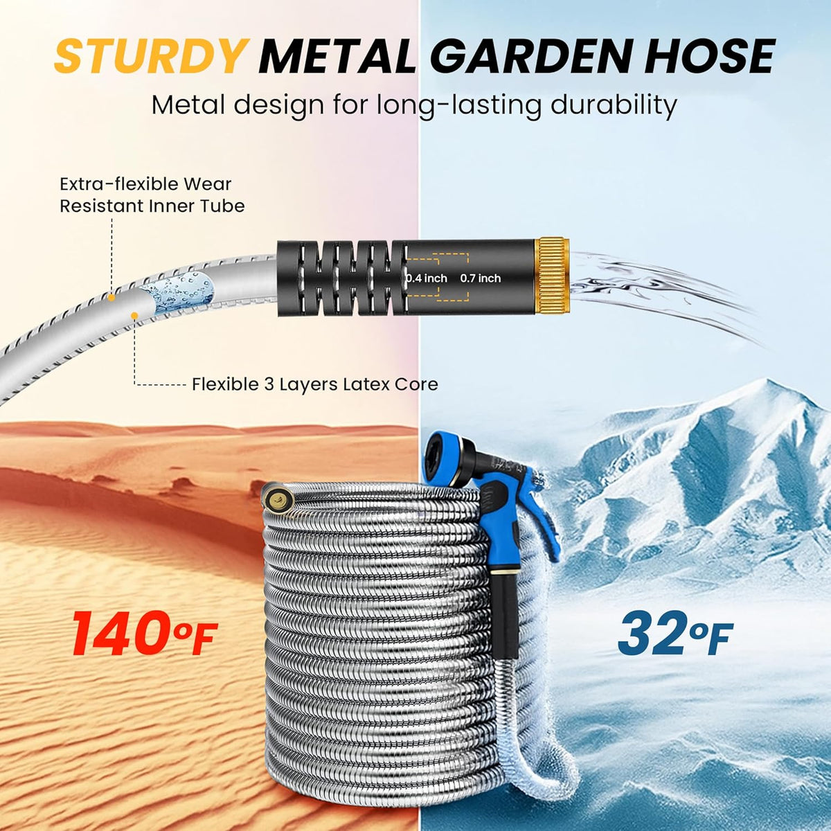 Lefree Garden Hose 100ft, Metal Garden Hose, Flexible Water Hose with 10-Function Nozzle, Stainless Steel Heavy Duty Hose, Crush Resistant, Leak Proof, No Kinks Garden Hoses for Yard, Outdoors, Rv