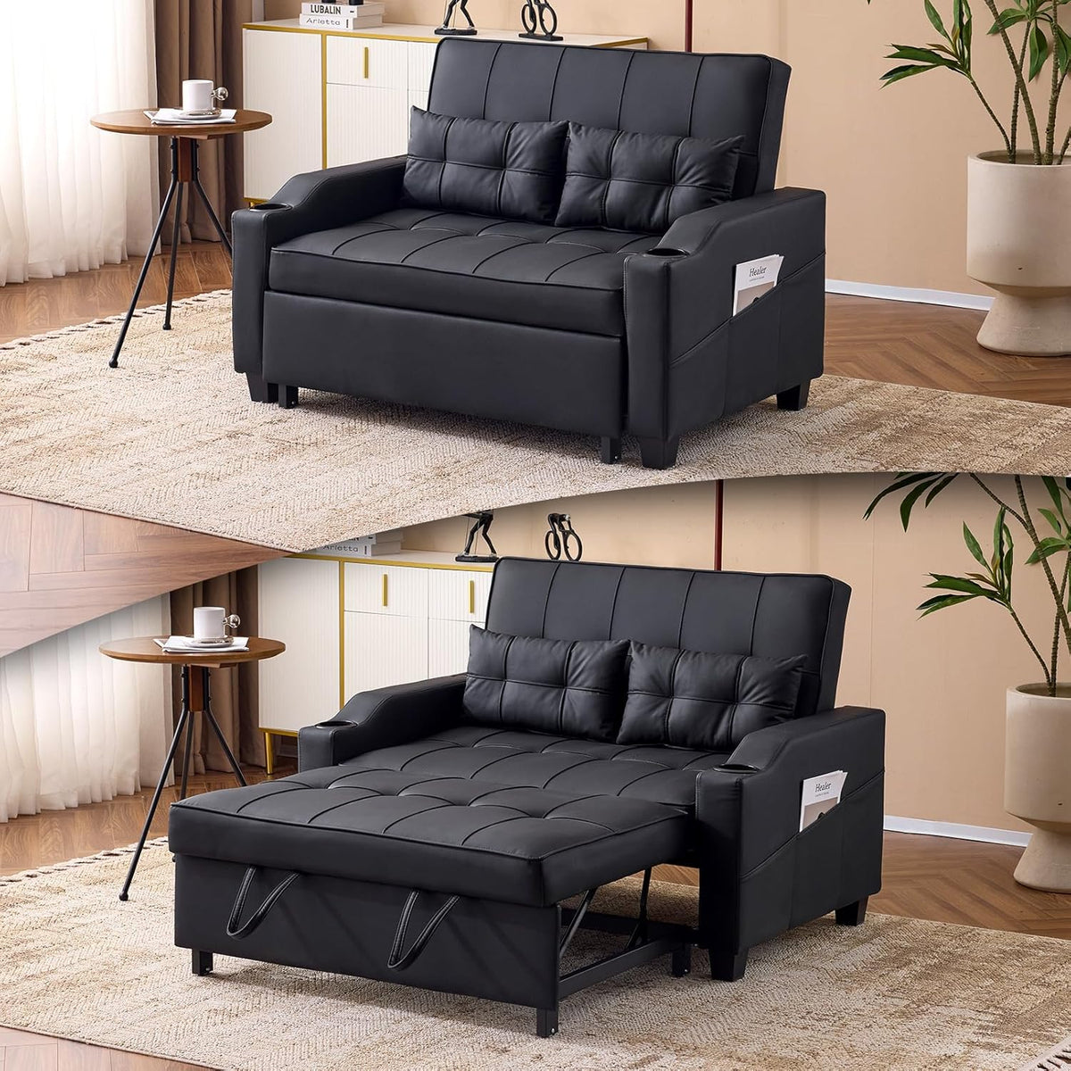 VINGLI Convertible Loveseat Sleeper Sofa Bed, Pullout Couch for Living Room | Black Futon Sofa Bed, Faux Leather Pull-Out Couch Bed with USB Ports, Cup Holders for Small Space, Apartment, Office
