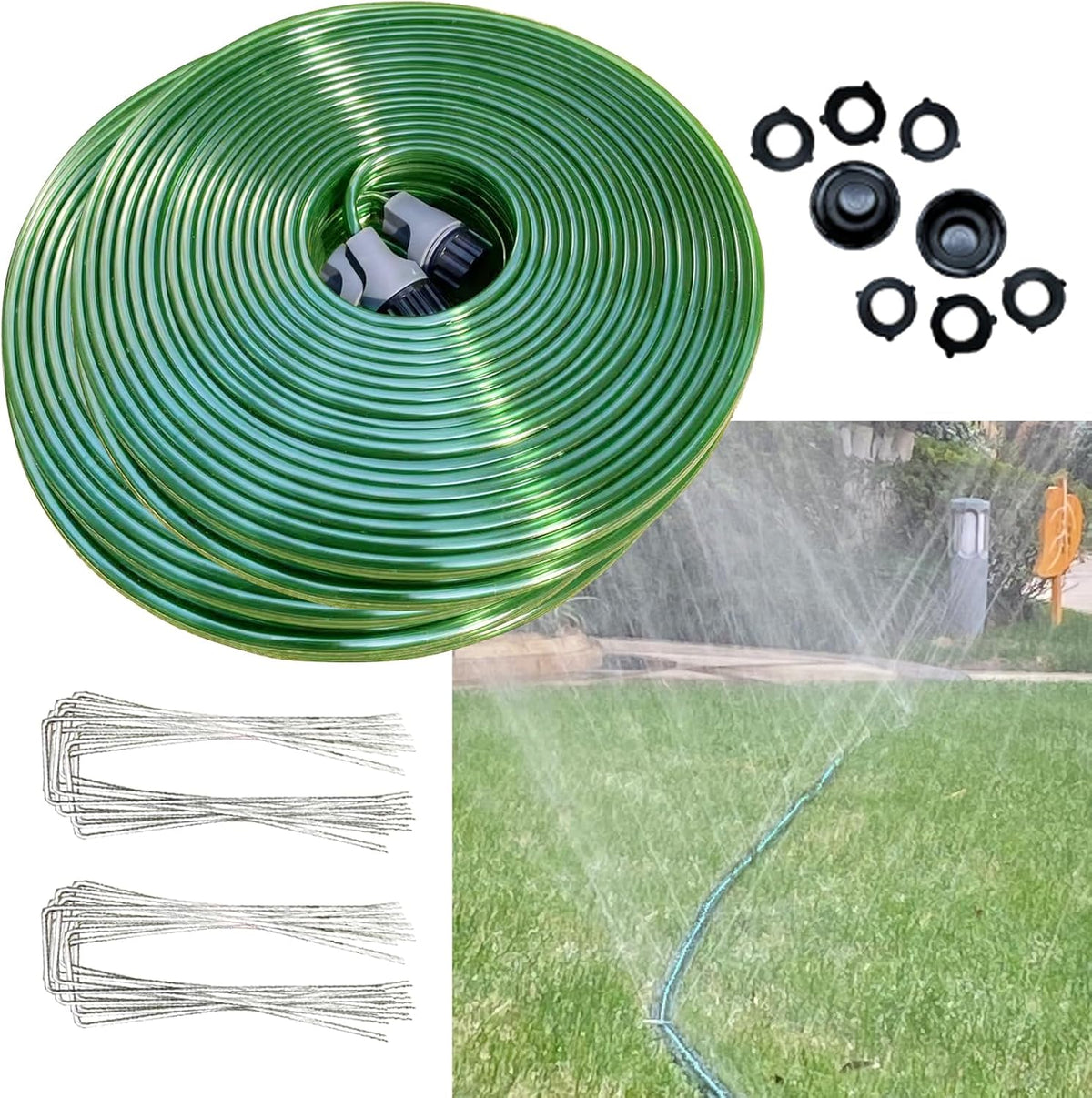 150 FT (75FT*2) Flat Sprinkler Hose for Lawn Watering Garden Soaker Hose with Holes, Heavy Duty Lightweight No-Kink Water Hose with Stakes, Irrigation Hose, Great Fun for Kids and Dog