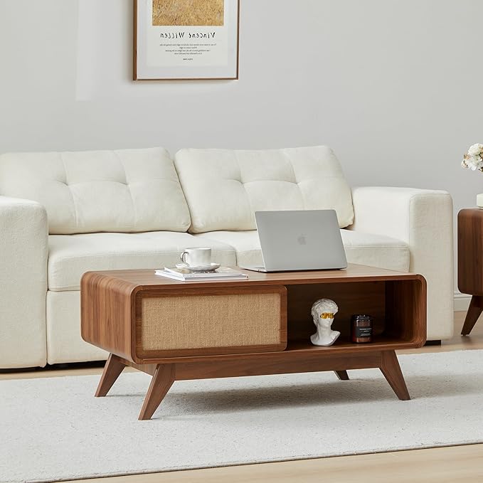 AVZEAR Mid Century Modern Coffee Table with Storage, Curved Edge Wood Coffee Table with Sliding Nature Linen Door, Farmhouse Center Table Rectangle Coffee Table for Living Room, Office, Walnut
