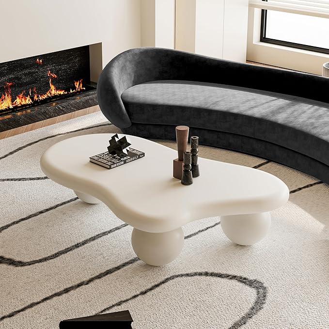 47 Inch Cloud Shaped Coffee Table with 3 Ball Legs for Living Room Cream White