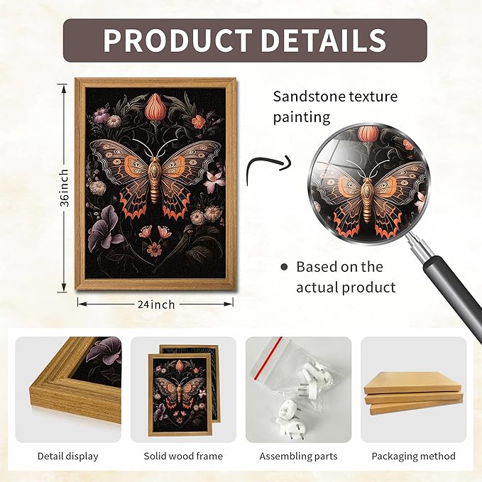 Framed Vintage 3D Textured Wall Art - Gothic Butterfly Wall Decor - Hand Drawn Sandstone Nature Botanical Pictures for Living Room Bedroom Home Decor 24x36in