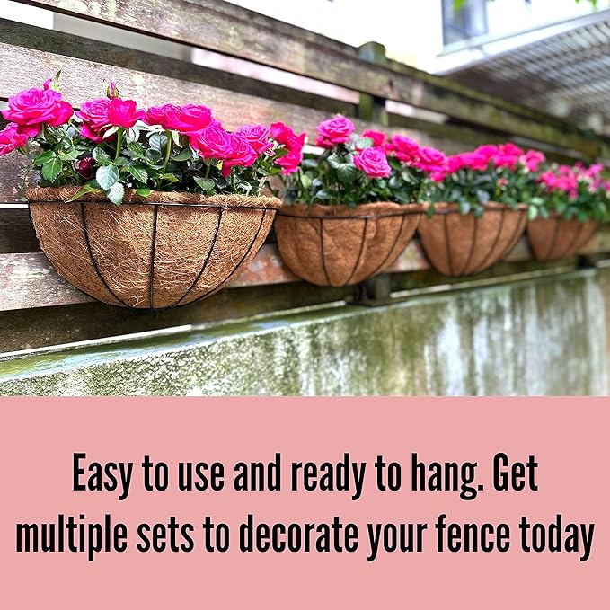 LaLaGreen Wall Planter Outdoor, 4 Pack, 14 Inch Large Wall Hanging Flower Basket with Coco Liner, Vertical Living Wall Mounted Wire Pot Outside Fence Railing Plant Pots Holder Deck Porch Balcony Patio