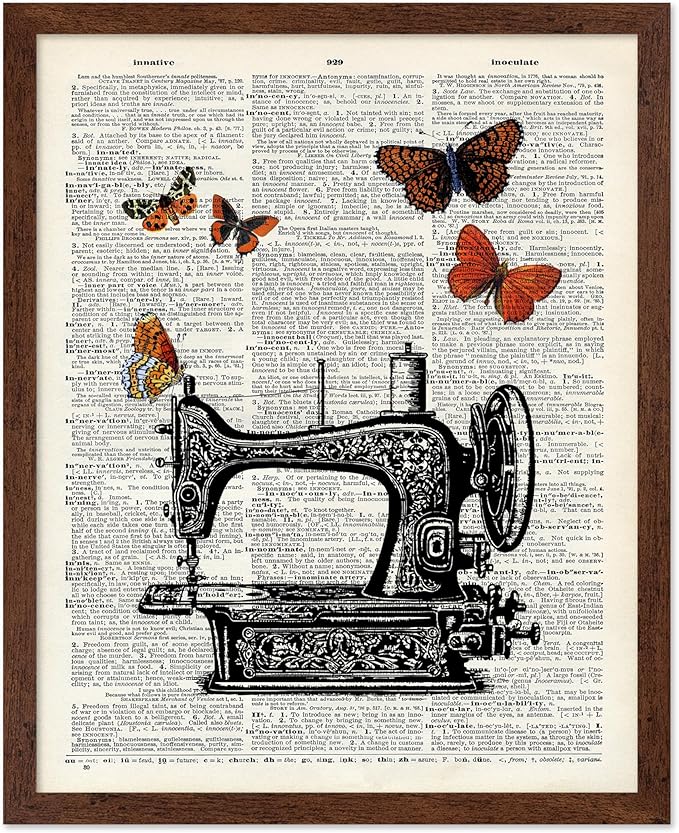 Poster Master Dictionary Art Poster - Sewing Machine Print - Sewing Art - Butterfly Art - Gift for Men, Women & Dressmaker - Chic Decor for Living Room, Bedroom or Office, 16x20 Brown Framed