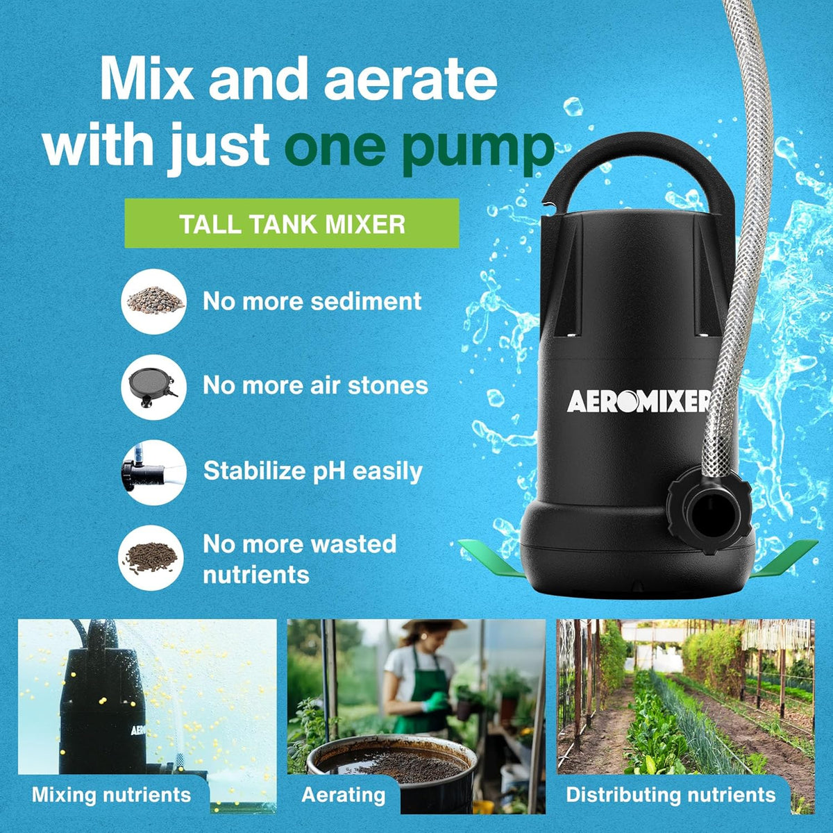 Aeromixer Tall 3/4 HP Submersible Mixing + Aerating Pump - Submersible Water Pump for Nutrient Mixing and Aerating, Electric Garden Water Pumps, Heavy Duty Outdoor Pumps for Farming and Gardening