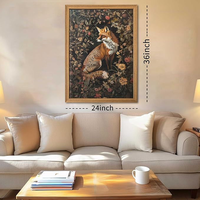 Framed 3D Textured Vintage Wall Art - Dark Academia Decor Hand Drawn Sandstone Fox Paintings with Botanical Florals, Aesthetic Wall Decor for Living Room Bedroom Home 24x36 inch