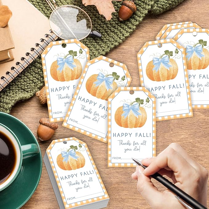 50 Pcs Fall Gift Tags, 2.1"×3.5" Thank You Gift Tags for Party Favors, Pumpkin Happy Fall Thanksgiving Gifts Tags for Party Favor - B10