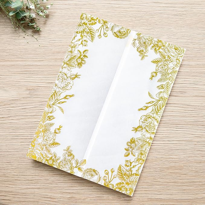 PONATIA 50 PCS Vellum Jackets for 5x7 Wedding Invitation Cards- 135gsm Floral Printed Vellum Sleeves, Invitation Cards Wraps (Champagne Gold Foil)