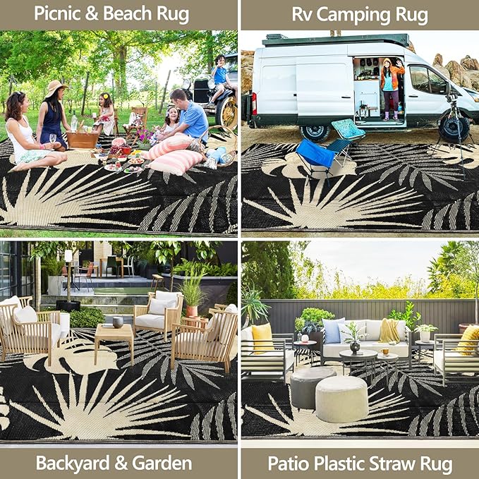 Waterproof Outdoor Rug 9x12 ft, Reversible Plastic Straw Mat with Leaf Pattern, Large Floor Mat for Patio, Camping, Picnic, Backyard RV, Deck, Black