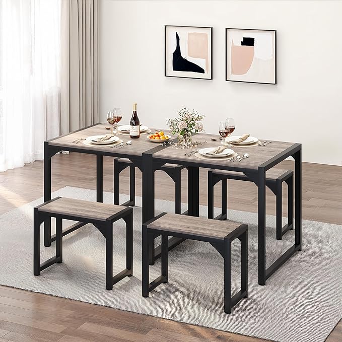 Gizoon Dining Table Set for 2, Kitchen Table Set for 2 with Steel Frame, Kitchen Table with 2 Benches for Small Space, Space Saving Design for Restaurant, Living Room, Grey