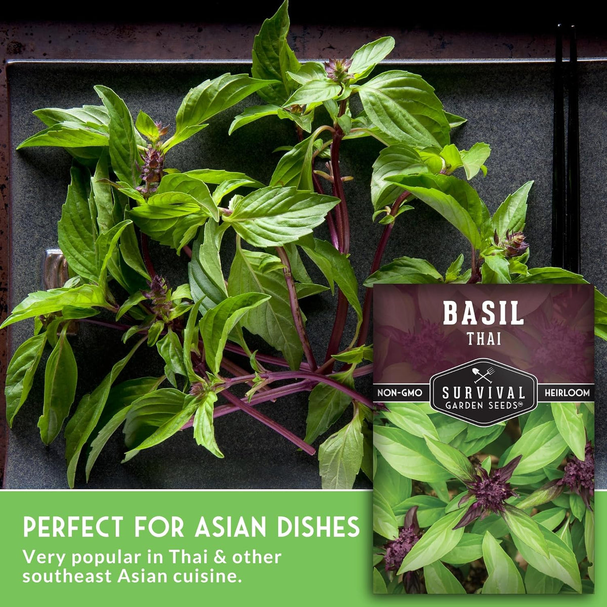 Survival Garden Seeds - Thai Basil Seed for Planting - 1 Packet with Instructions to Plant and Grow Asian Basil Indoors or Outdoors in Your Home Vegetable Garden - Non-GMO Heirloom Variety