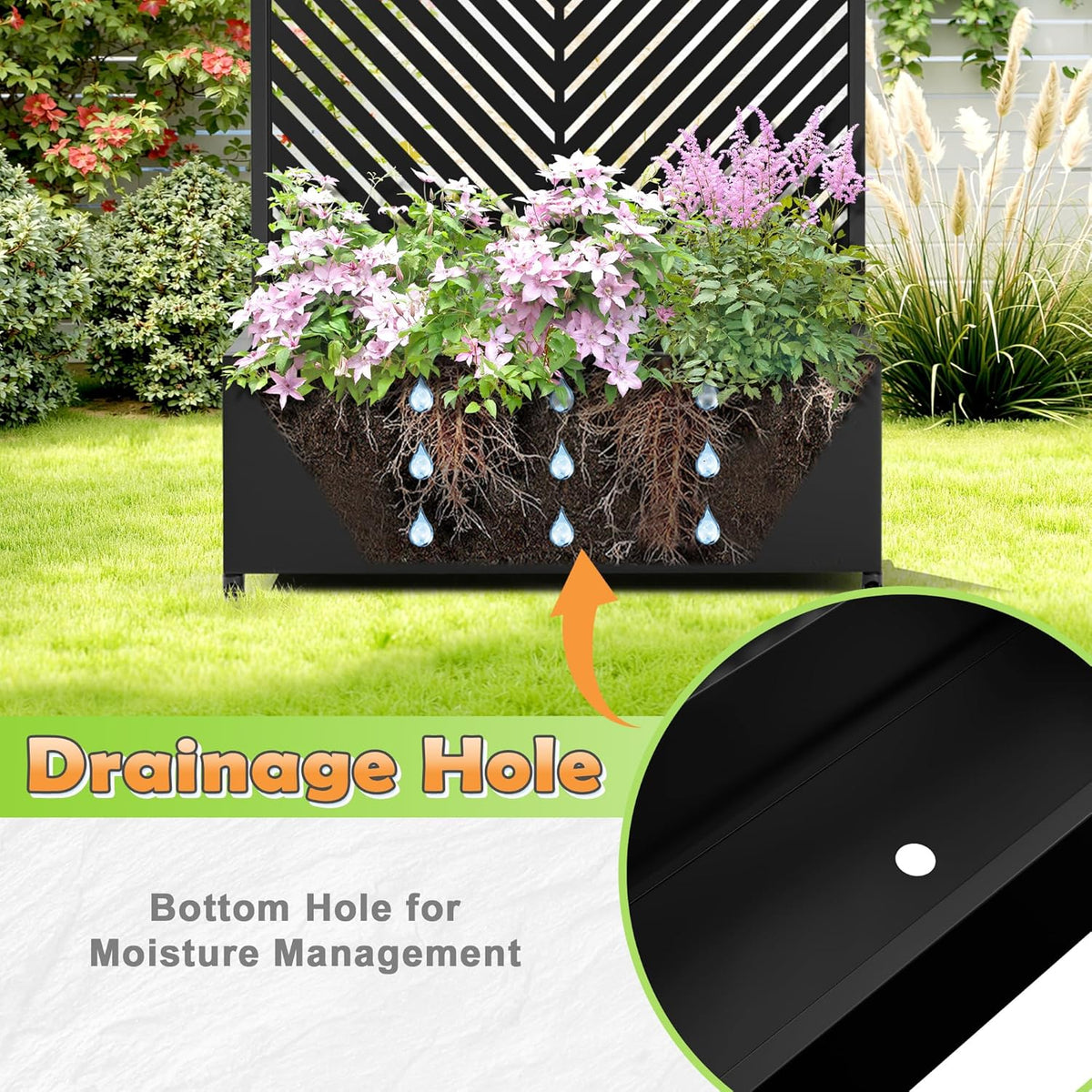Metal Raised Garden Bed with Trellis, 2-in-1 Planter Box & Privacy Screen for Climbing Plants, Outdoor Standing Flower Bed with Drainage Holes, 35.4" L x 15.7" W x 70.1" H, Black-Parallel