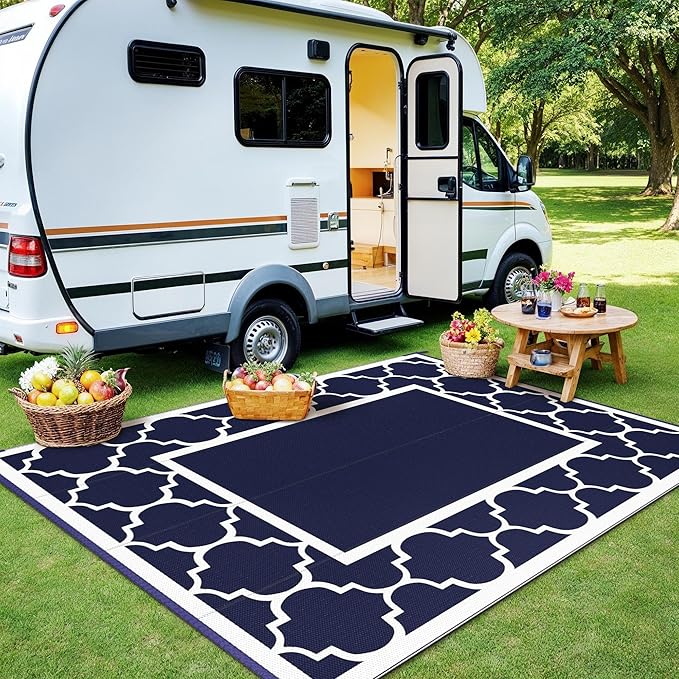 GENIMO Outdoor Rug Waterproof for Patio Decor, 5'x8' Reversible Plastic Straw Rug Carpet, Camping Mats for Outdoor, RV, Backyard, Deck, Balcony, Picnic, Blue & White