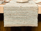 Chardin home Natural Jute Table Runner 13x90 Inch – Vintage Boho Rustic Table Decor – Handwoven Table Runner in Natural Jute and Sage Green-White – Farmhouse Dining or Console Table Accent