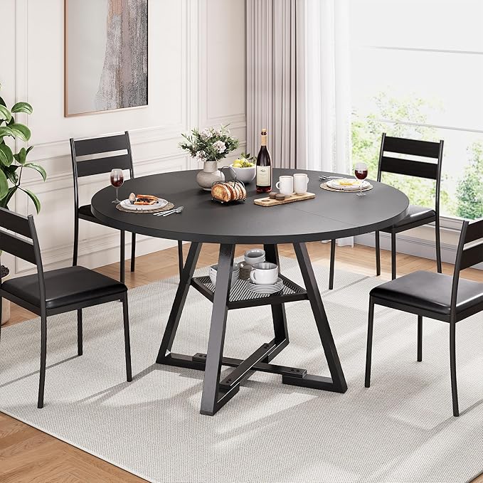 Round Dining Table for 4,Kitchen Dining Room Circle Dinner Pedestal Table,Space Saving Wood Kitchen & Dining Room Furniture (Black, 42In)
