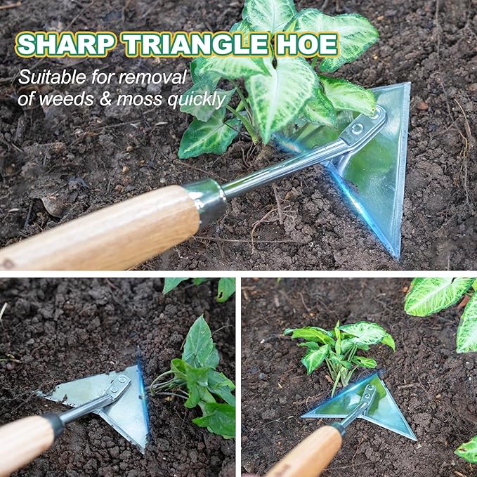 Berry&Bird Triangle Hand Hoe, 15.2'' Winged Weeder Garden Hoes with Short Wood Handle, Gardener Stainless Steel Warren Hoe, Garden Weeder Hoe Tool for Quickly Weeding, Edging and Gardening Tools