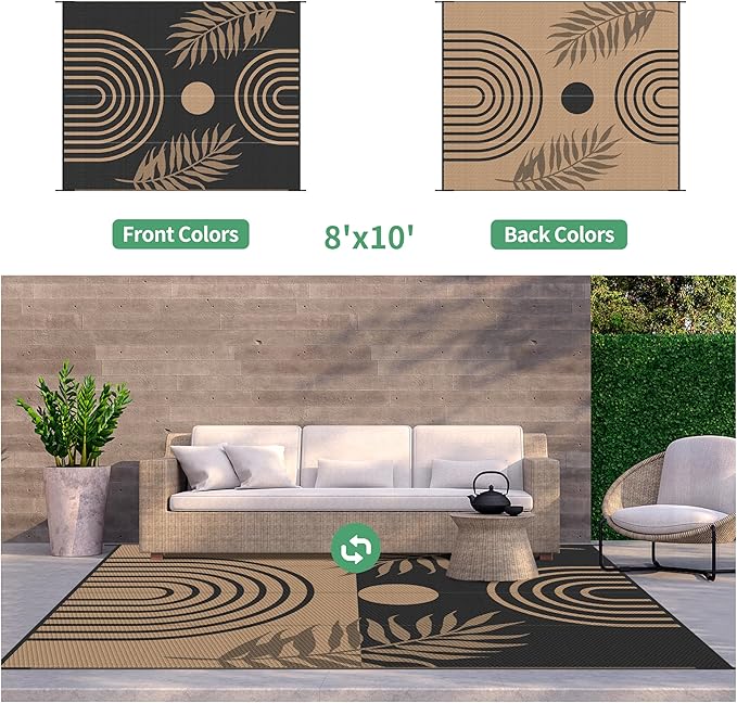 GENIMO Outdoor Rug 8' x 10' Waterproof for Patio Clearance, Reversible Lightweight Plastic Straw Camping Carpet, Large Area Rugs Mats for Rv, Backyard, Deck, Porch, Picnic, Balcony, Mix-Black & Brown
