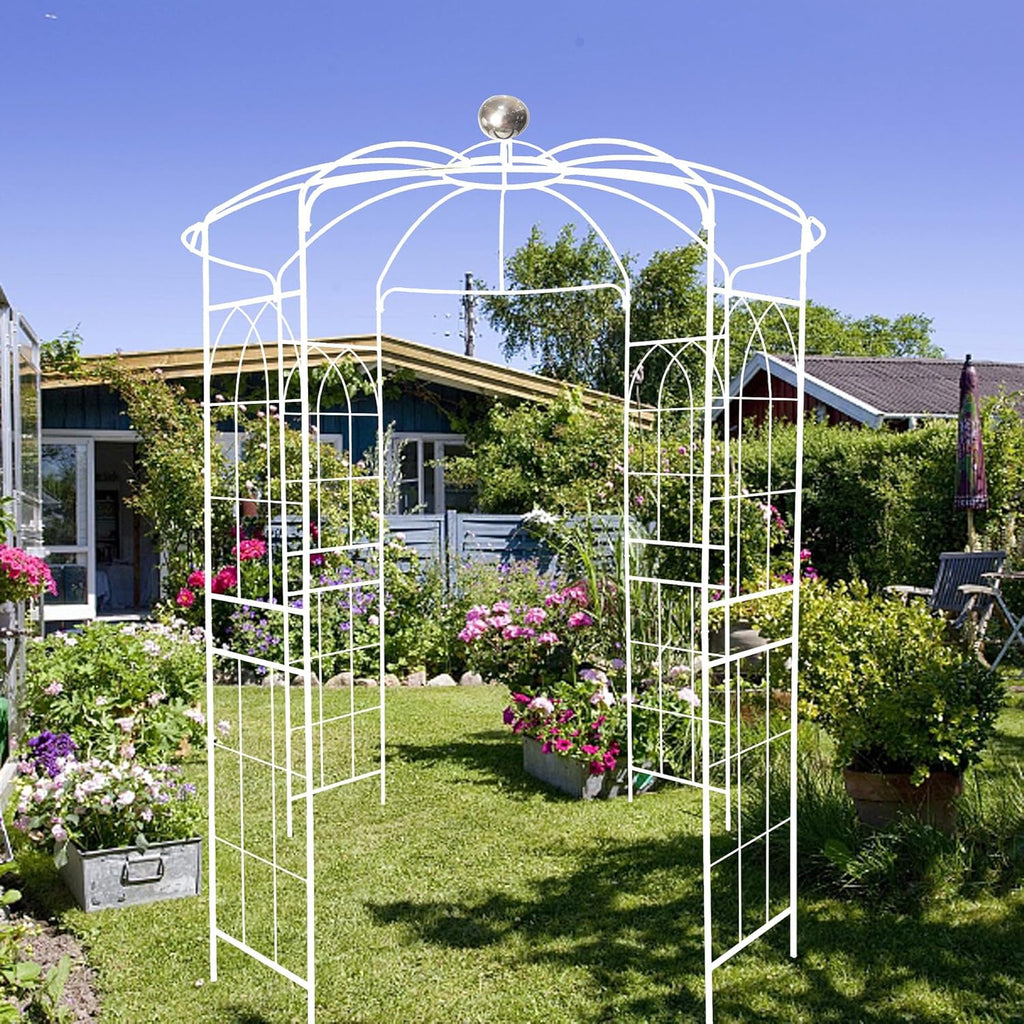 Metal Garden Trellis Arbor Arch Gazebo Birdcage Shape, Off White Pergola Pavilion fpr Climbing Plants Rack French Style Wedding Decoration Lawn